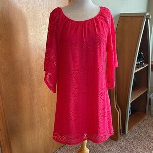 Tacera Hot Pink Lace Midi Dress with Scoop Neck